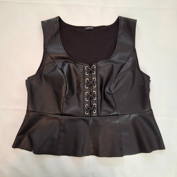 Corset Bustier Black Goth Vegan Leather Stretch Top LaceUp Trim Peplum Torrid 2X - Picture 5 of 6